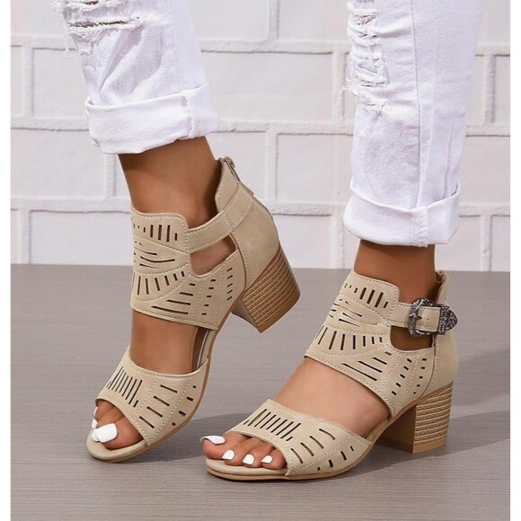 Khaki Tan Peep Shootie Open Toe Perforated Sandals Cutout Block Heels Sz 11 NEW - Picture 3 of 5